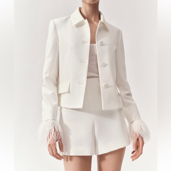 Zara White Blazer Feather Arms Cropped ZW Collection - Picture 1 of 4